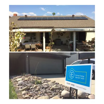 Completed rooftop solar install with a Burmax Energy and SunPower authorized dealer yard sign